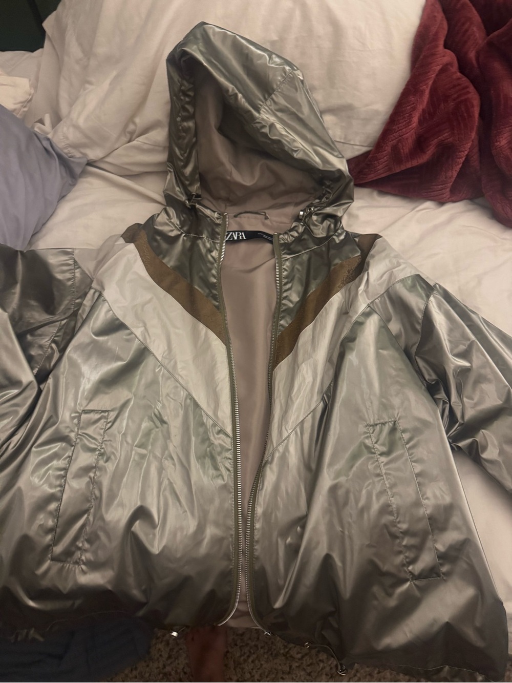 Zara Metallic Silver Hooded Bomber Jacket with Brown Trim